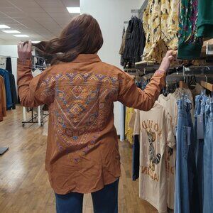 Corduroy Long Sleeve Top with Embroidery Detail - Ochre